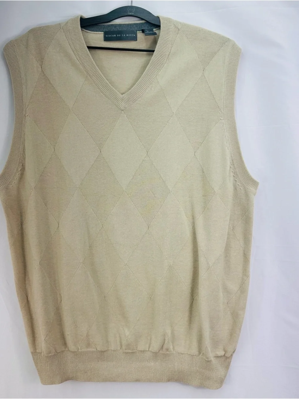 fall 10 Oscar de la Renta Men's V-Neck Sweater Vest Tan Textured Argyle XL